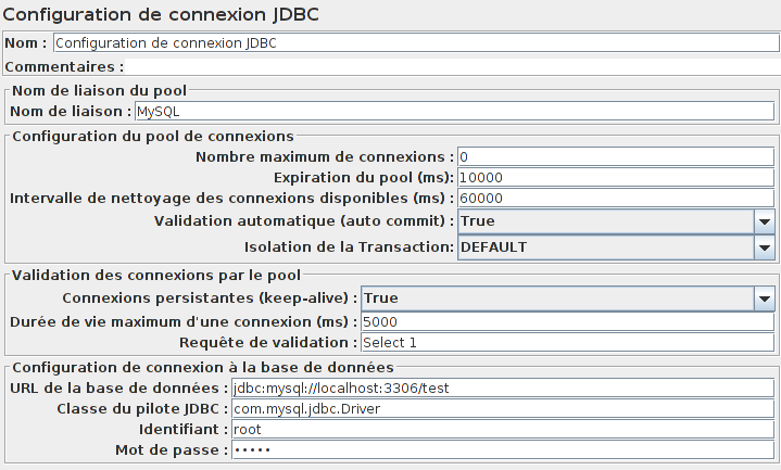 Configuration de connexion JDBC