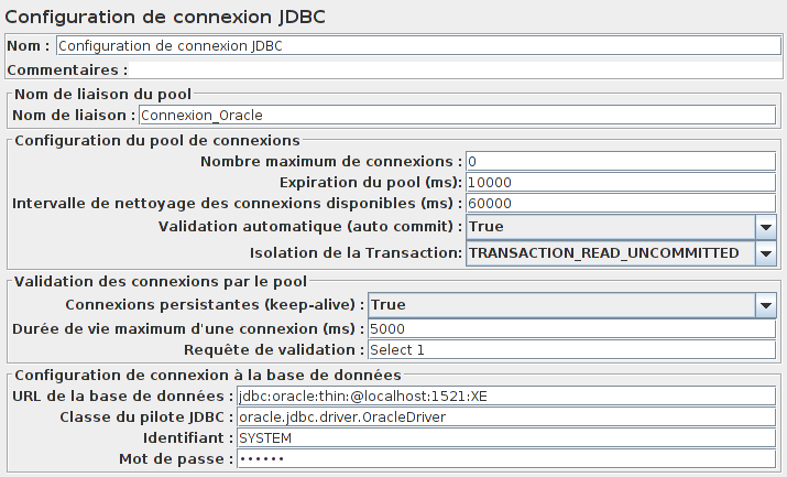 Connexion à Oracle à l'aide de l'élément Configuration de connexion JDBC
